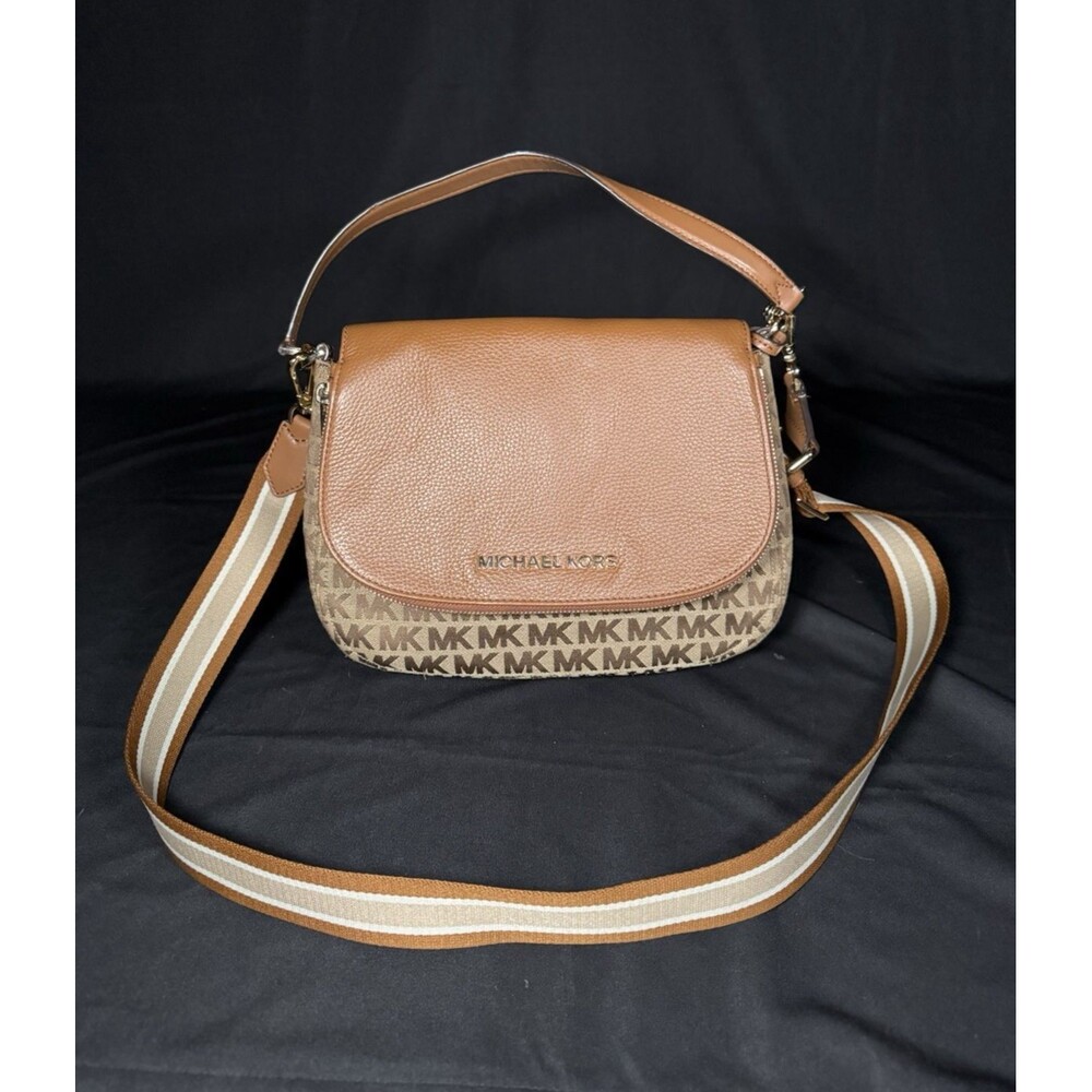 Michael Kors Bedford Monogram Brown Tan Medium Convertible Flap Shoulder Bag